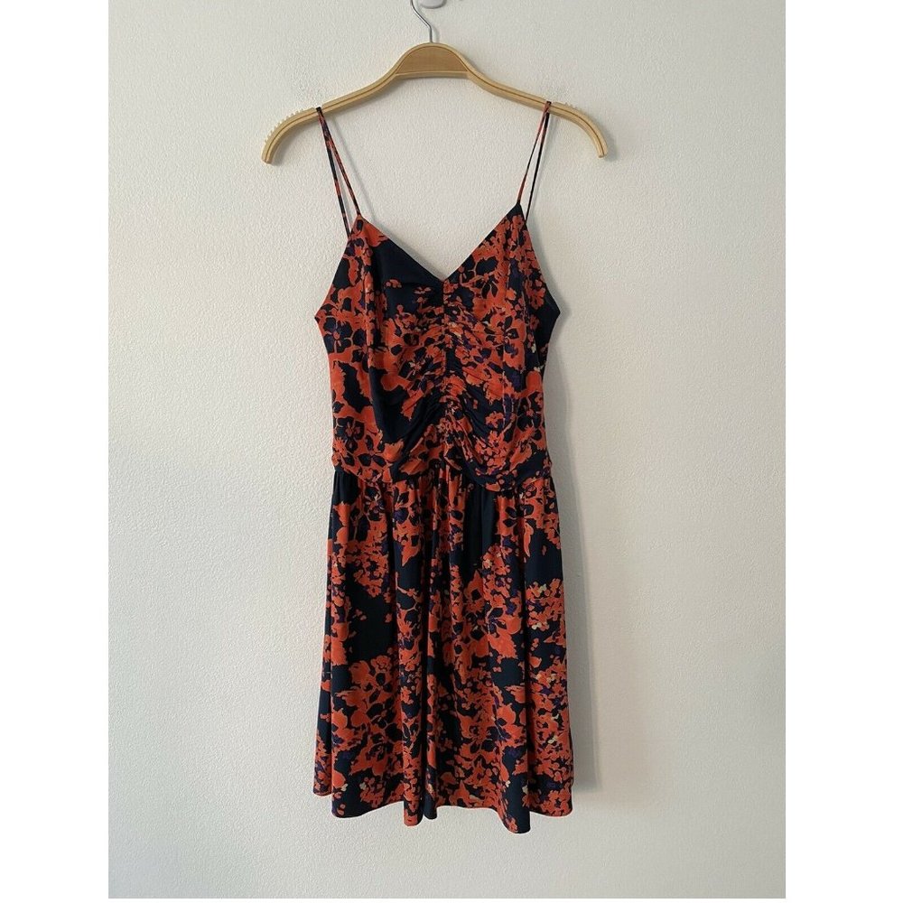 Parker Floral Gathered Front V-Neck Silk Dress M